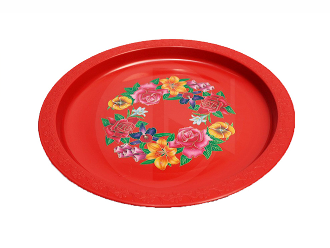 456F  MP<br>13" Flower Round Tea Tray<br>印 花 胶 圆 茶 盘