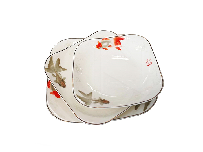 GF-SP70~SP90<br>Gold Fish Porcelain Square Plater<br>年年有余骨瓷四方如意盘